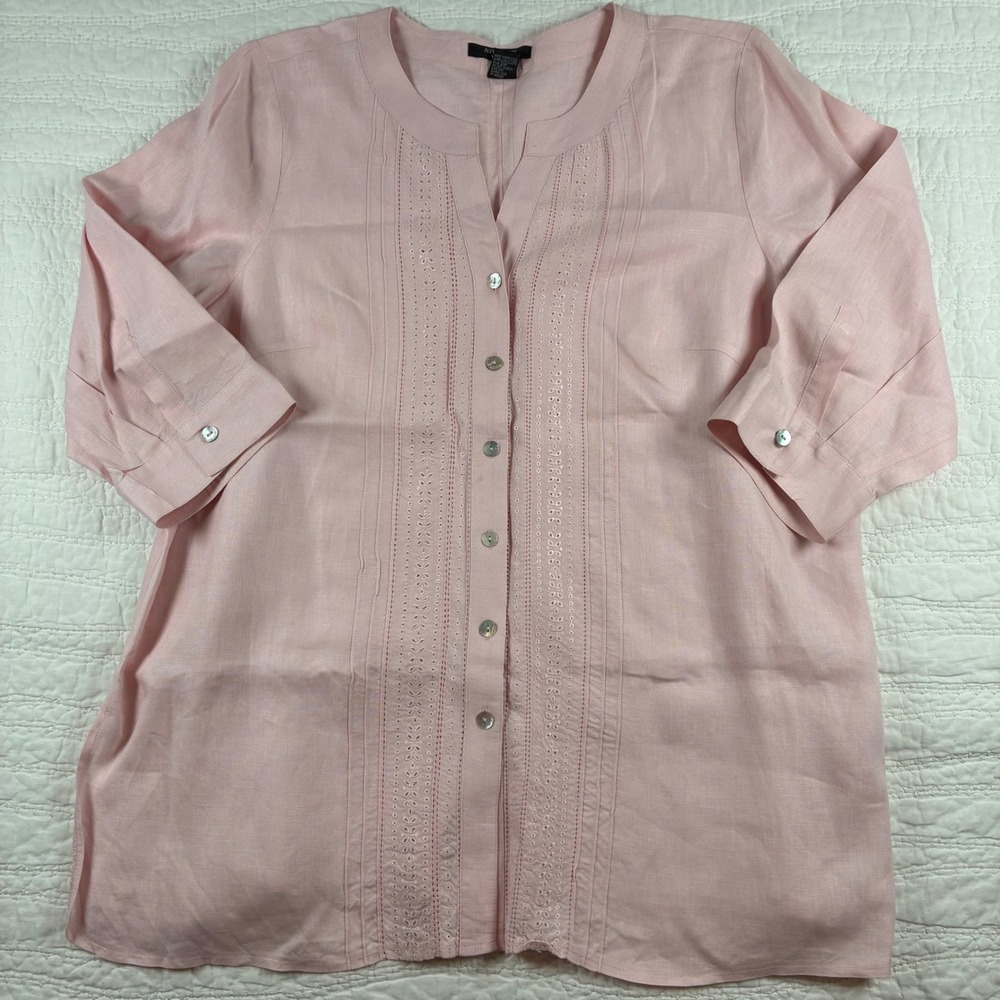 Autograph Woman Linen Tunic Women 1X Pink Eyelet Embroidered Button Up Top Shirt